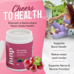 Scoop of JUNP grape electrolyte powder ready to mix into your drink.