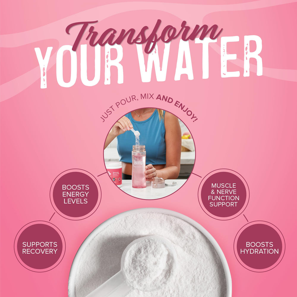 Grape electrolyte powder stirred into water in a glass with vibrant color.