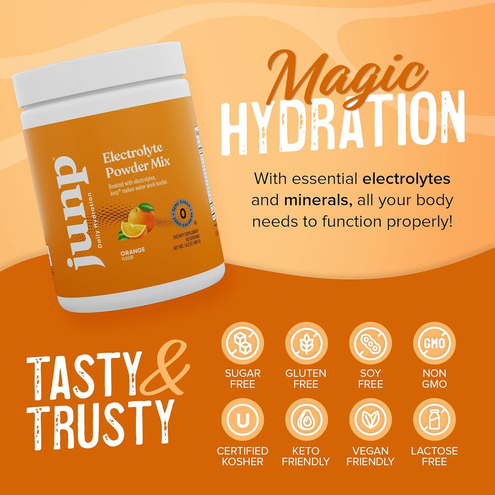 JUNP orange electrolyte powder pour demonstrates fast dissolution in water