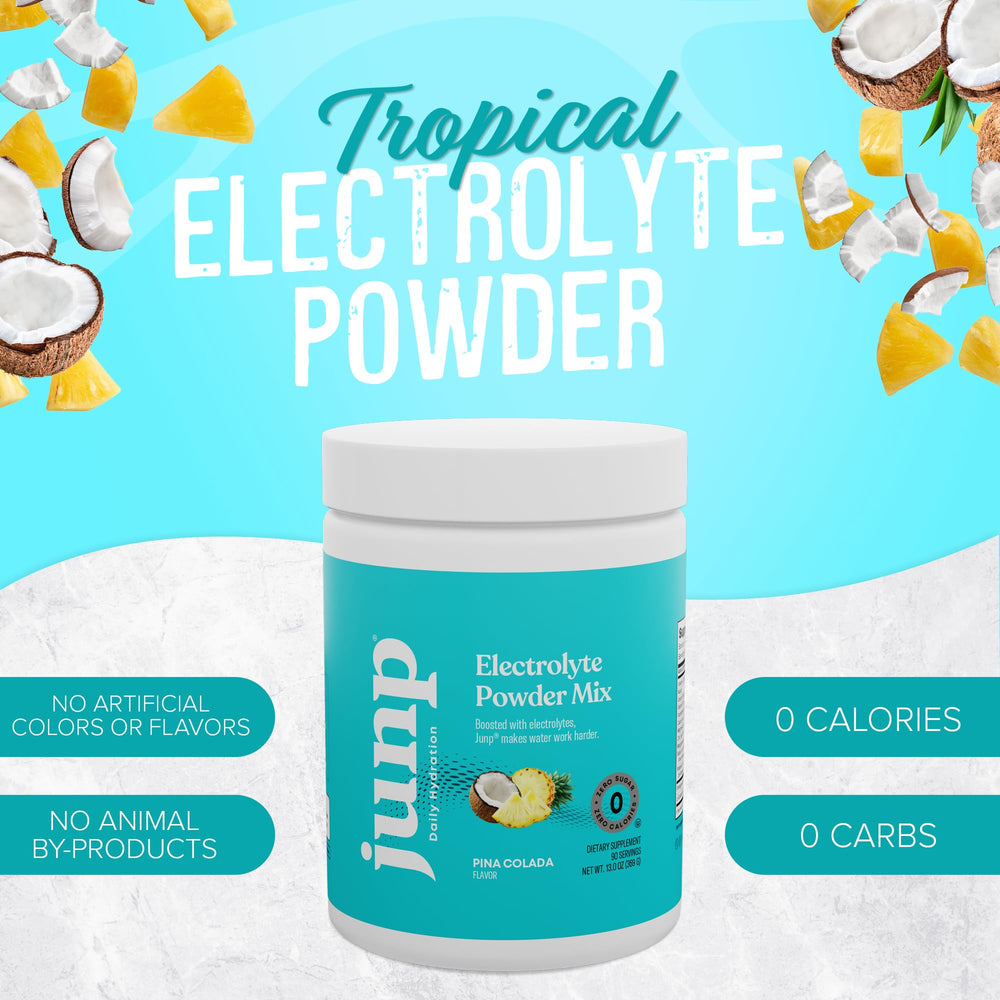 Junp Pina Colada powder scoop dissolving in water for a refreshing drink.