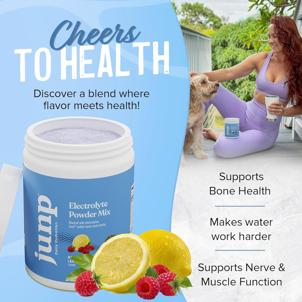 JUNP zero-calorie sugar-free hydration with berry-lemonade flavor after workouts.
