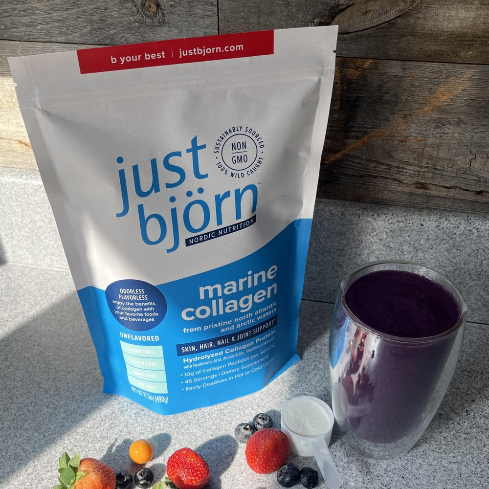 Just Björn Marine Collagen powder eco packaging communicates sustainability.