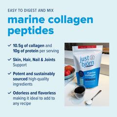 Just Björn Marine Collagen powder ingredient panel featuring Vitamin C and Hyaluronic Acid.
