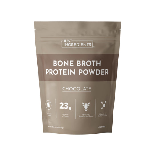 Just Ingredients Bone Broth Protein Chocolate bottle pour for a quick protein boost