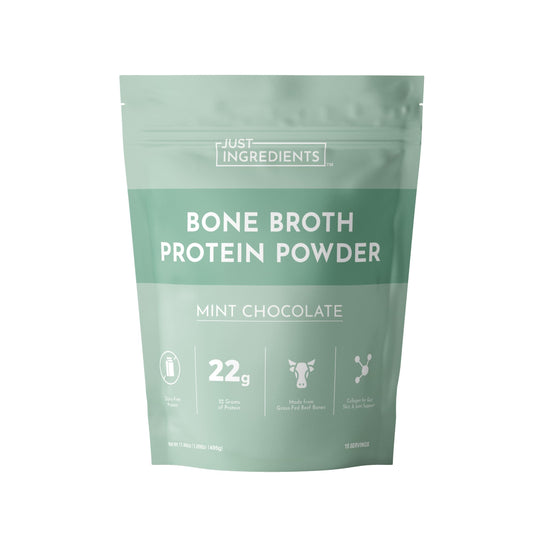 Just Ingredients bone broth protein mint chocolate bottle highlighting dairy-free formula