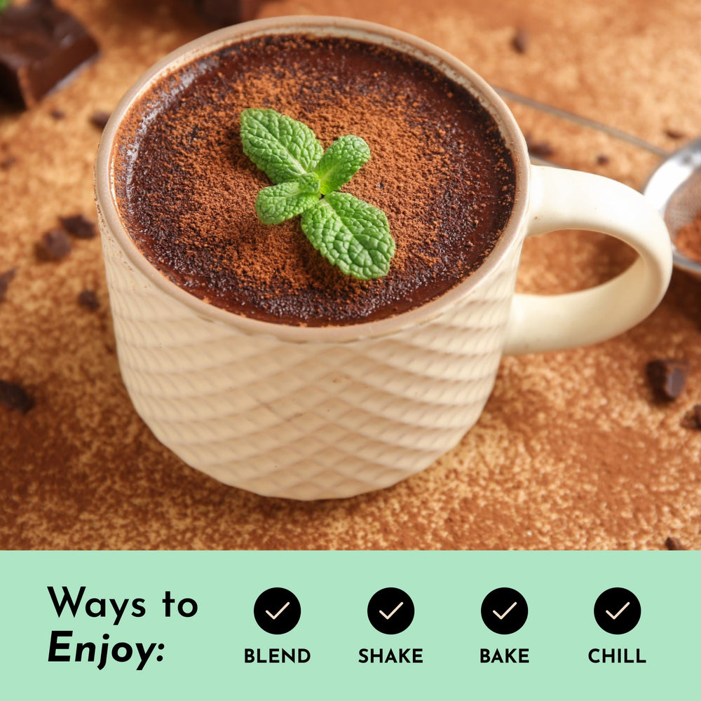 Just Ingredients mint chocolate protein poured into smoothie in glass