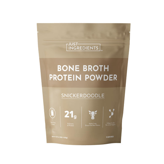 JUST INGREDIENTS bone broth protein snickerdoodle bottle showcases dairy-free protein for daily nourishment