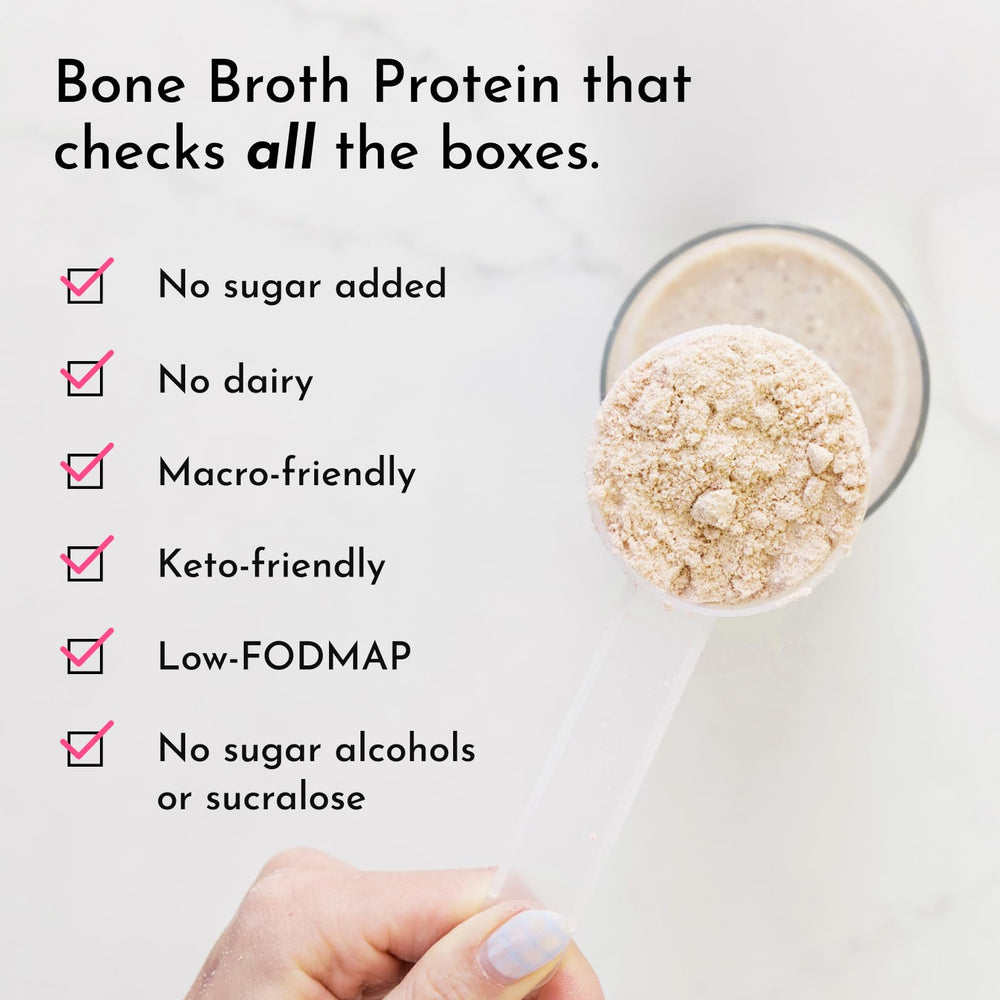 JUST INGREDIENTS bone broth protein powder vanilla mixed in milk for a creamy shake
