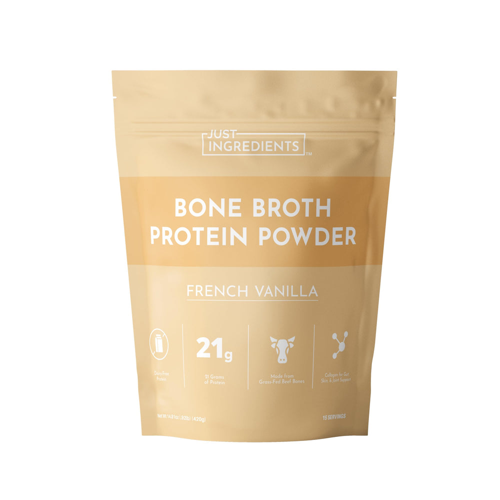 JUST INGREDIENTS bone broth protein powder vanilla tub front showcasing real-food ingredients