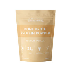 JUST INGREDIENTS bone broth protein powder vanilla tub front showcasing real-food ingredients