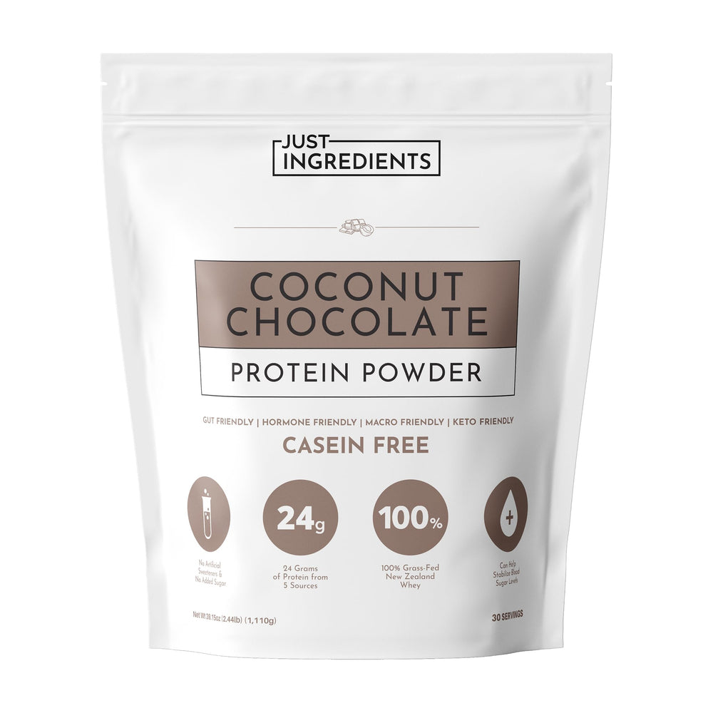 JUST INGREDIENTS Coconut Chocolate Protein Powder bottle showing creamy coconut flavor for post-workout fueling