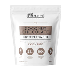 JUST INGREDIENTS Coconut Chocolate Protein Powder bottle showing creamy coconut flavor for post-workout fueling