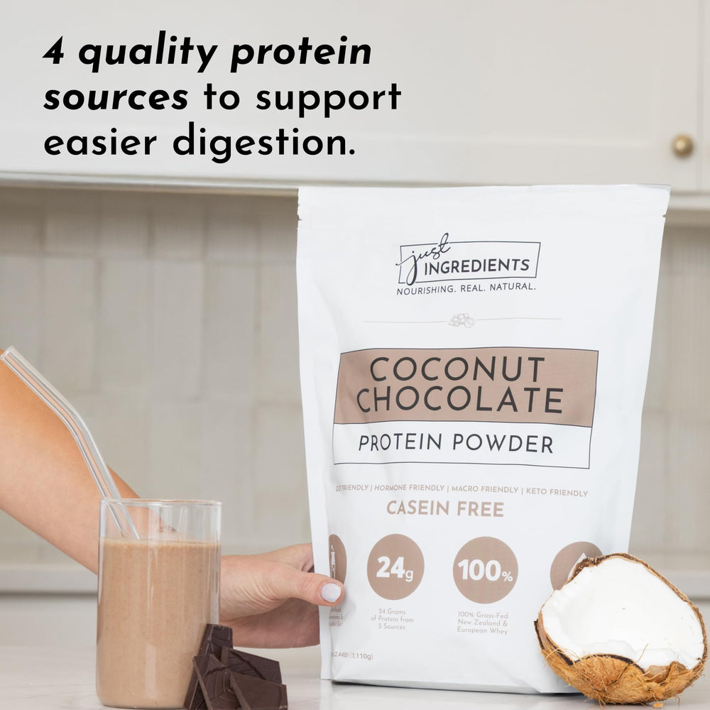 JUST INGREDIENTS Coconut Chocolate Protein Powder scoop highlights complete amino acid blend for versatile recovery ideas