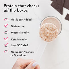 JUST INGREDIENTS Coconut Chocolate Protein Powder smoothie glass highlights creamy texture and coconut cocoa taste