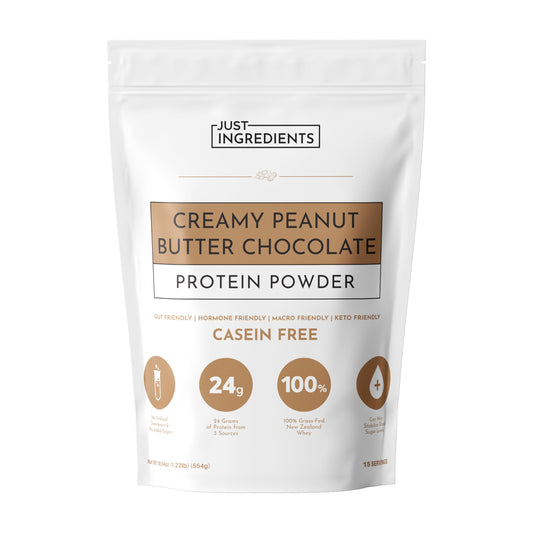 JUST INGREDIENTS creamy peanut butter chocolate protein powder bottle for shakes