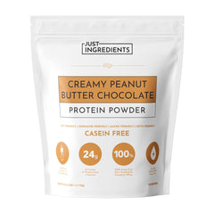 JUST INGREDIENTS creamy peanut butter chocolate protein powder jar front for rich flavor