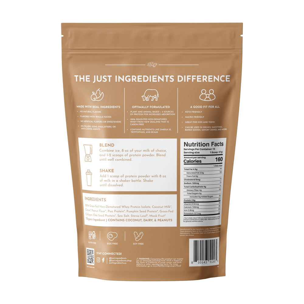 JUST INGREDIENTS creamy peanut butter chocolate protein powder pour showing smooth texture for baking