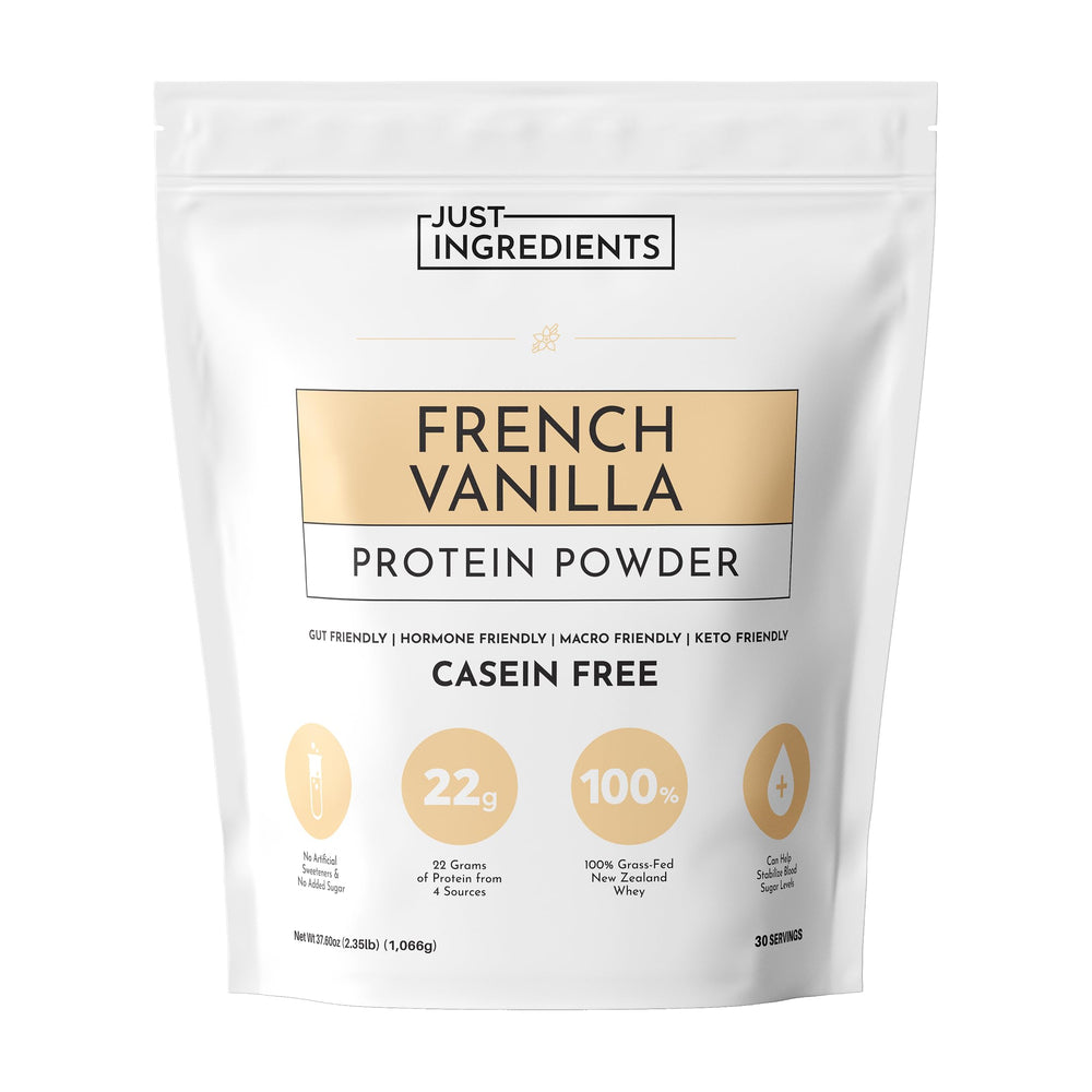 JUST INGREDIENTS French Vanilla Protein Powder bag; convenient daily protein support for workouts.