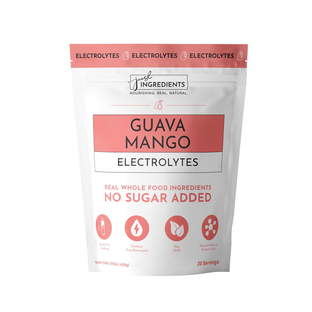 Just Ingredients Guava Mango bottle close-up for refreshing hydration and tropical flavor.