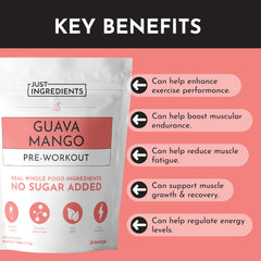 Just Ingredients Guava Mango ingredient panel shows BCAA blend and adaptogens