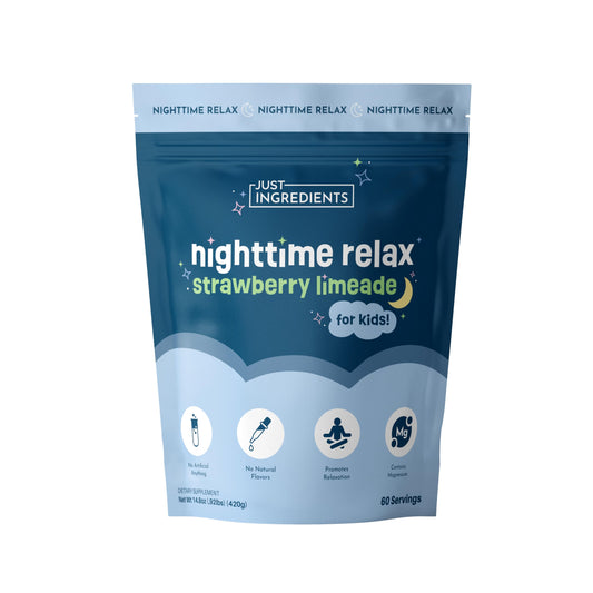 JUST INGREDIENTS Kids Nighttime Relax Drink Mix strawberry limeade bottle showing calming bedtime ritual