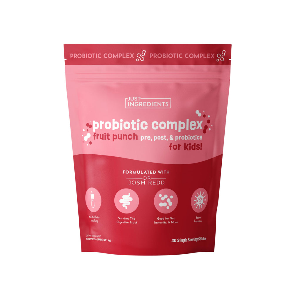 JUST INGREDIENTS Kids Probiotic Drink Mix fruit punch stick supports daily gut balance.