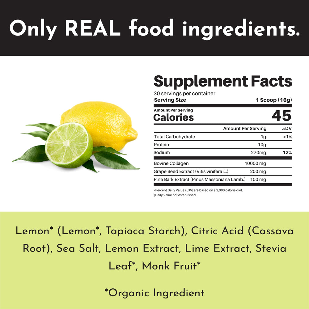 Daily-use setup with Just Ingredients Lemon Lime collagen and a scoop for easy routine.