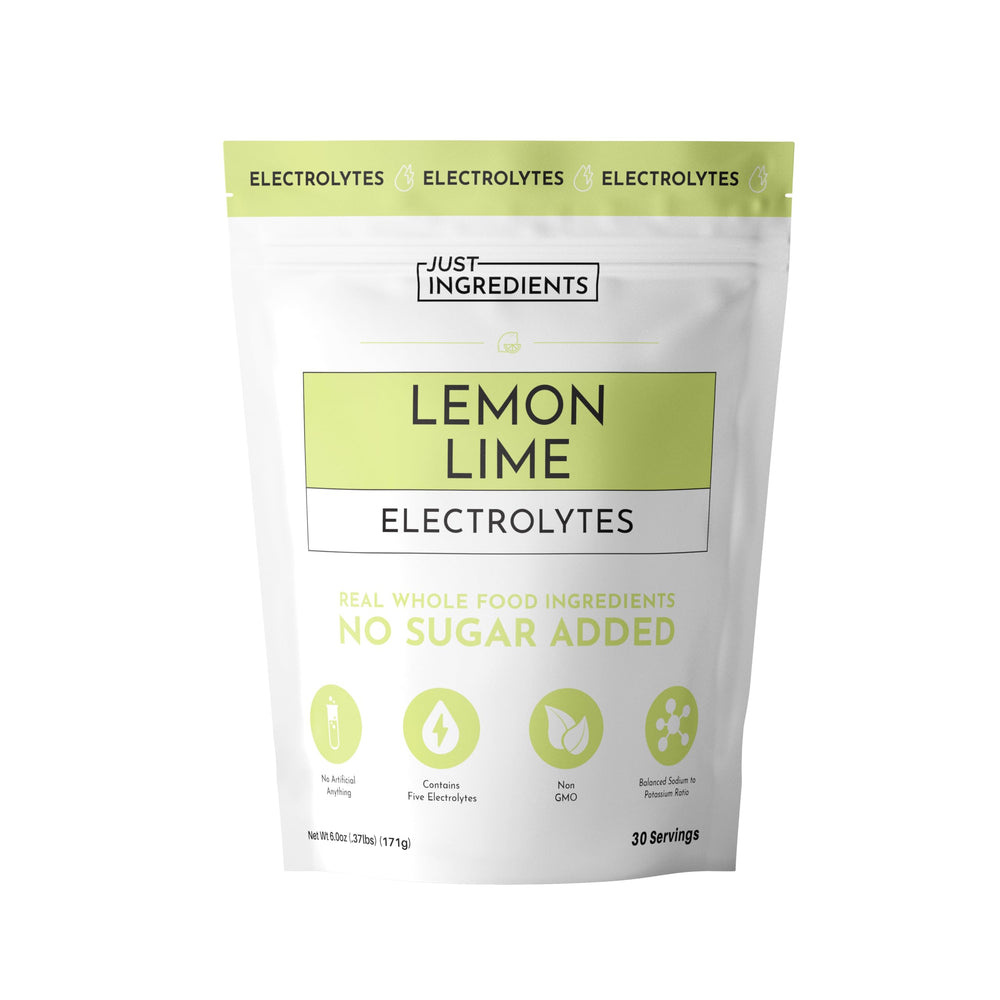 Just Ingredients Lemon Lime Electrolytes bag front for clean hydration.