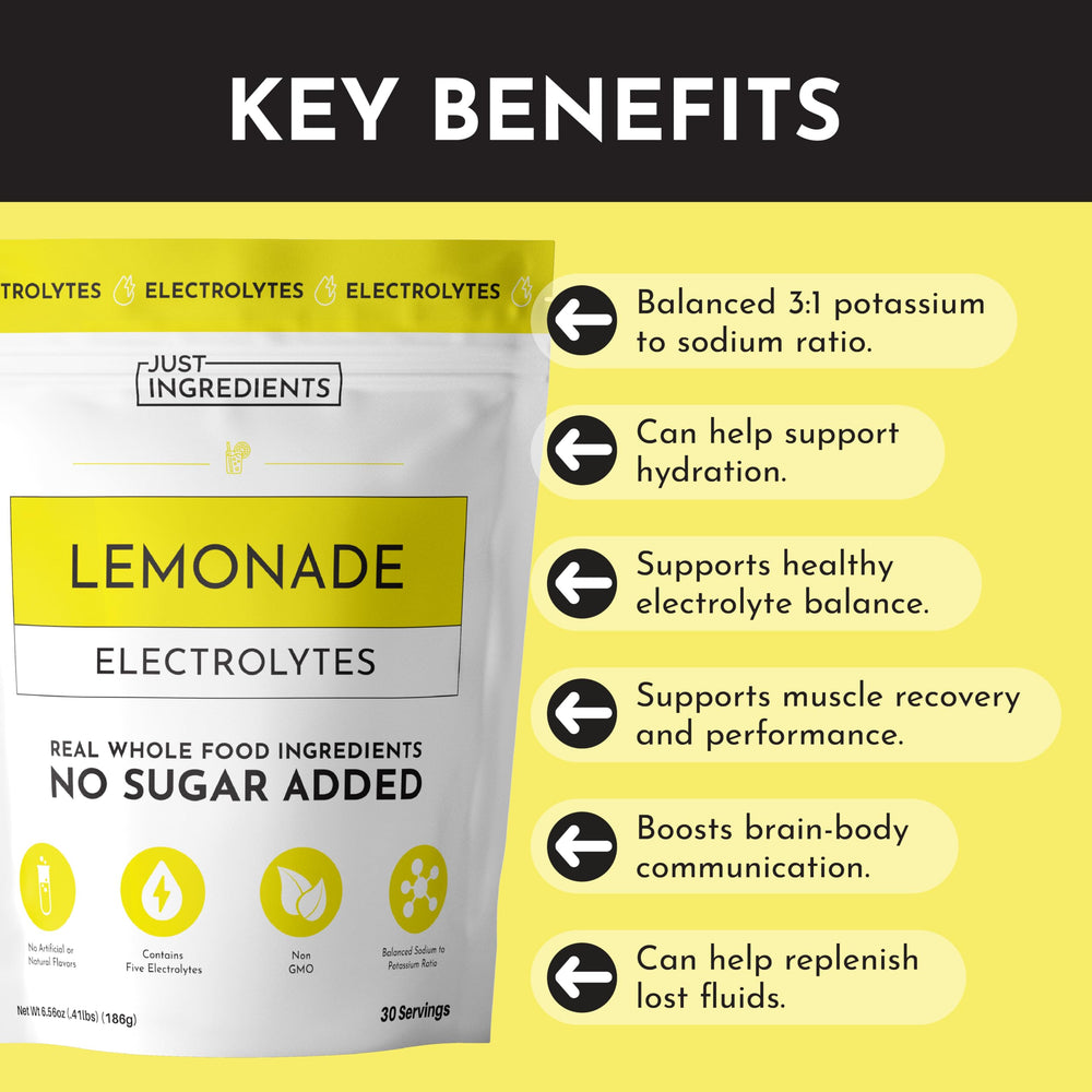 JUST INGREDIENTS Lemonade Electrolytes on-the-go bottle demonstrates convenient hydration anywhere.