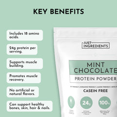 JUST INGREDIENTS Mint Chocolate Protein Ingredients panel highlights clean labels.