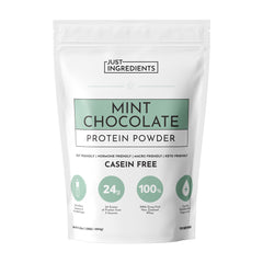 JUST INGREDIENTS Mint Chocolate protein powder jar closeup highlights powder texture ideal for easy mixing
