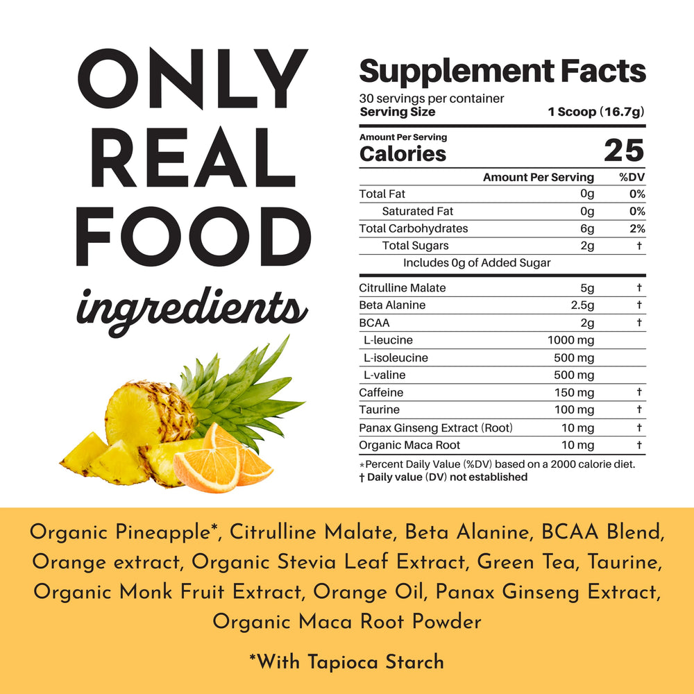 JUST INGREDIENTS Pre-Workout orange-pineapple serving scoop illustrates dosing for workouts.