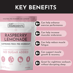 JUST INGREDIENTS pre-workout raspberry lemonade glass shows refreshing mixed drink for workouts