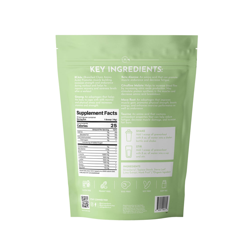 JUST INGREDIENTS Pre-Workout Strawberry Limeade powder scoop shows precise serving