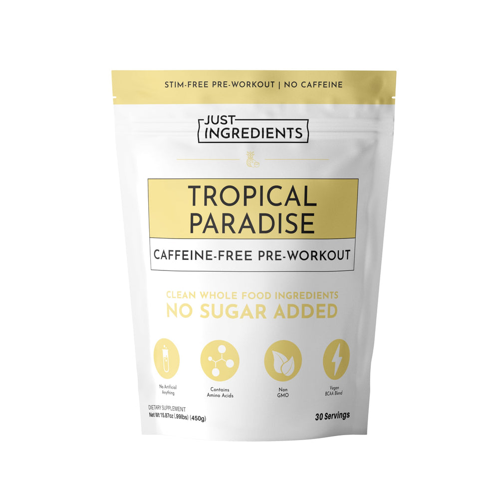 JUST INGREDIENTS Pre-Workout Tropical Paradise bottle shows caffeine-free energy for afternoon workouts