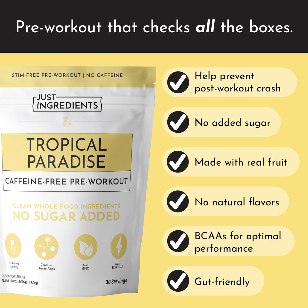 JUST INGREDIENTS Pre-Workout bottle with glass of water illustrating hydration during training