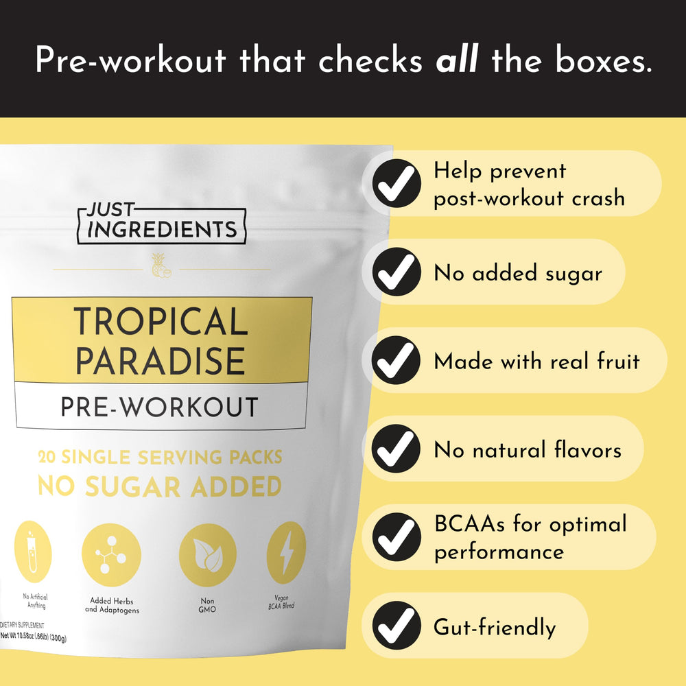 JUST INGREDIENTS Pre-Workout Tropical Paradise powder close-up showing smooth texture.