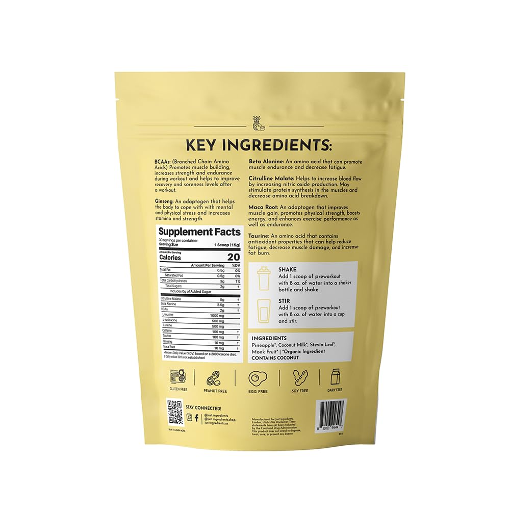JUST INGREDIENTS Pre-Workout Tropical Paradise scoop measures precise servings for training.