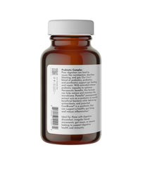 JUST INGREDIENTS Probiotic Complex capsules closeup highlights multi-strain formula for gut microbiome support.