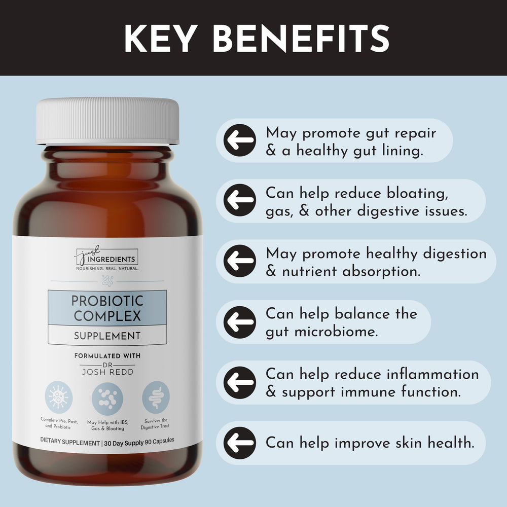 JUST INGREDIENTS Probiotic Complex ingredients panel highlights Pomella Pomegranate extract and CoreBiome Tributyrin.
