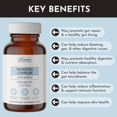 JUST INGREDIENTS Probiotic Complex ingredients panel highlights Pomella Pomegranate extract and CoreBiome Tributyrin.
