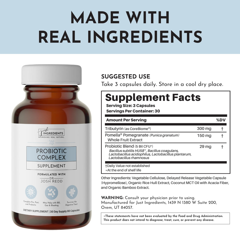 JUST INGREDIENTS Probiotic Complex label detail shows prebiotic and postbiotic components for balanced digestion.