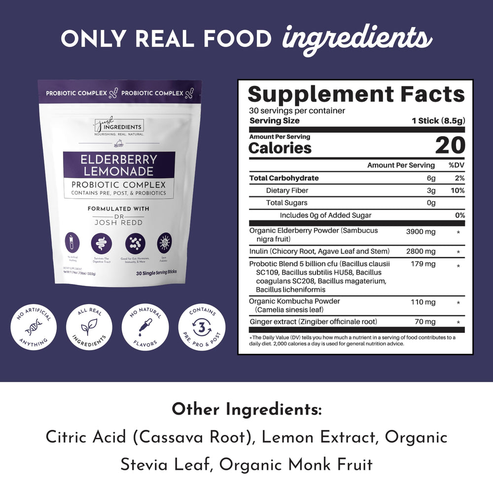 JUST INGREDIENTS probiotic sticks bottle highlights 5B CFU per serving.