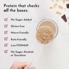 Glass of protein shake with JUST INGREDIENTS powder and deep cocoa aroma