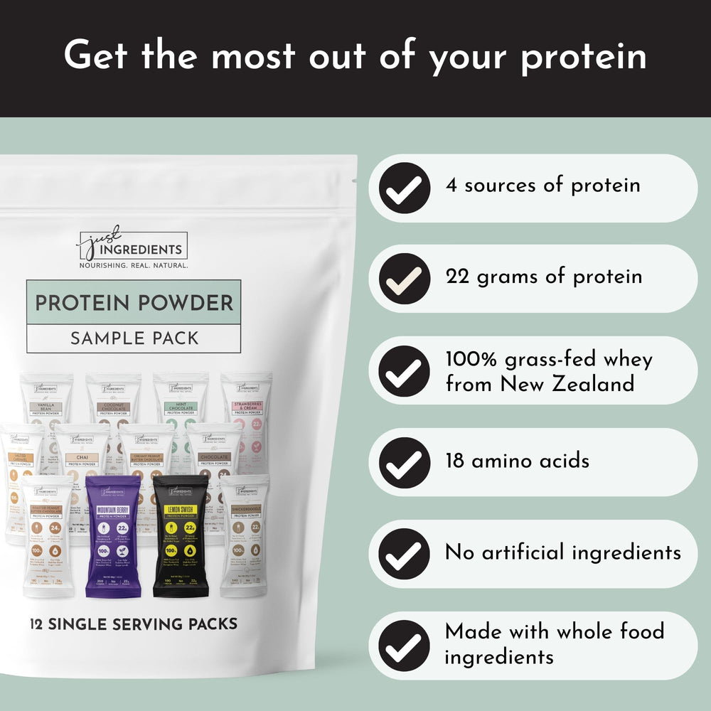 JUST INGREDIENTS sample pack shows 12 flavors for variety