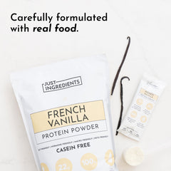 JUST INGREDIENTS protein shake glass; mix with fruits for a creamy beverage.
