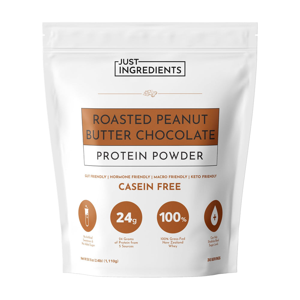 JUST INGREDIENTS bottle of roasted peanut butter chocolate protein powder for shakes and meals
