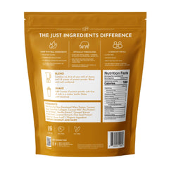 JUST INGREDIENTS Salted Caramel Protein Powder serving scoop emphasizes convenient energy-boosting protein