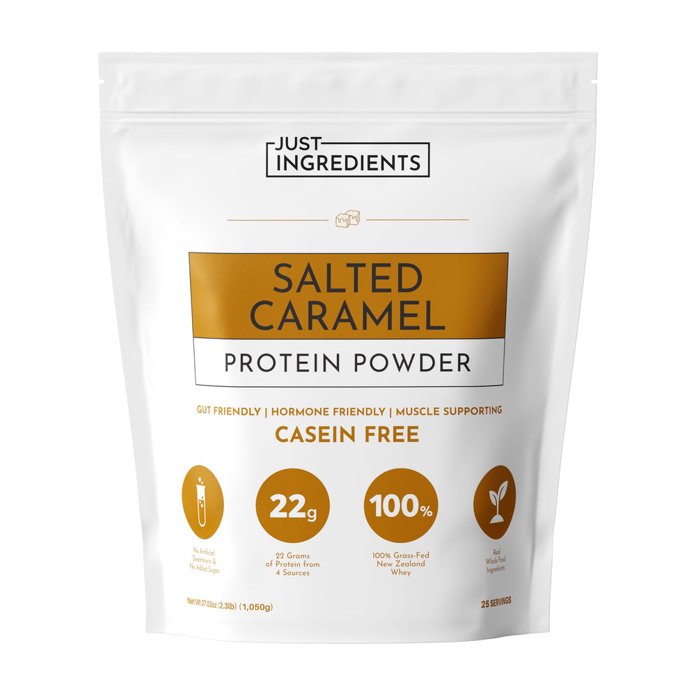 JUST INGREDIENTS Salted Caramel Protein Powder tub front highlights premium blend for post-workout support