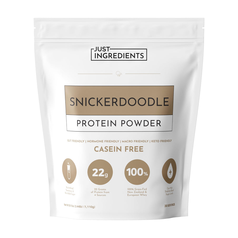 JUST INGREDIENTS Snickerdoodle protein powder tub with grass-fed whey blend for muscle support